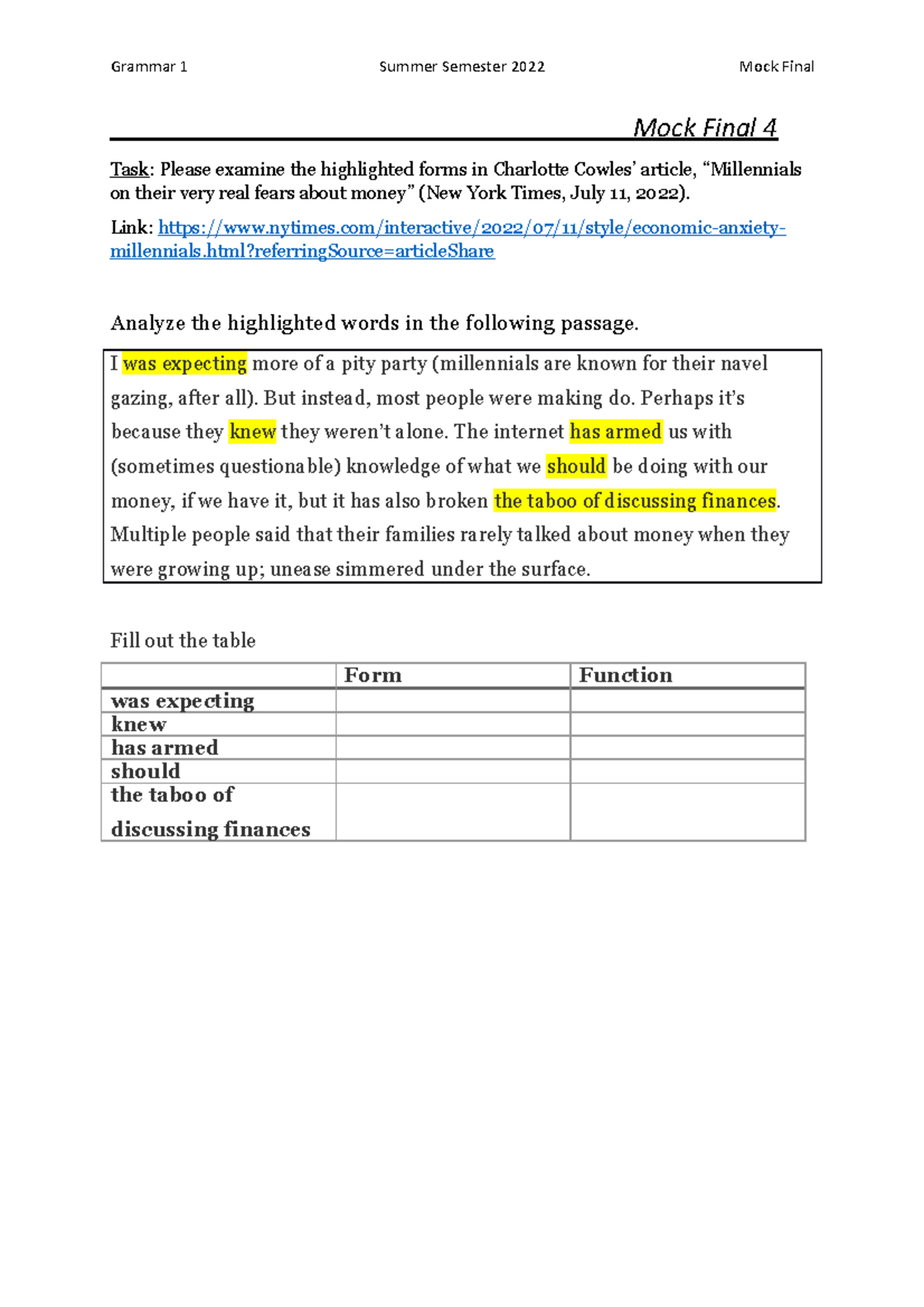 Mock Exam Final 4 - Grammar 1 Summer Semester 2022 Mock Final Mock ...