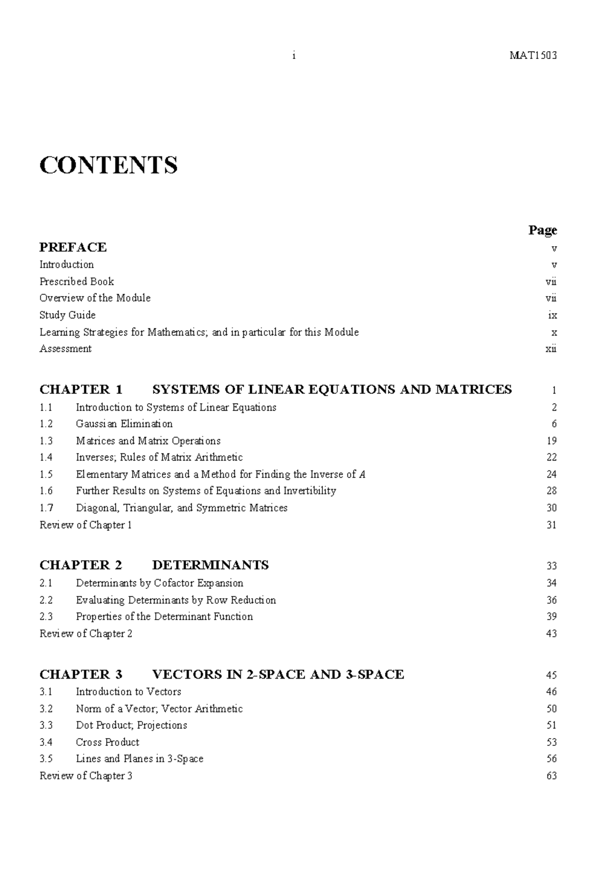 MAT1503 SG - i MAT CONTENTS Page PREFACE v Introduction v Prescribed ...
