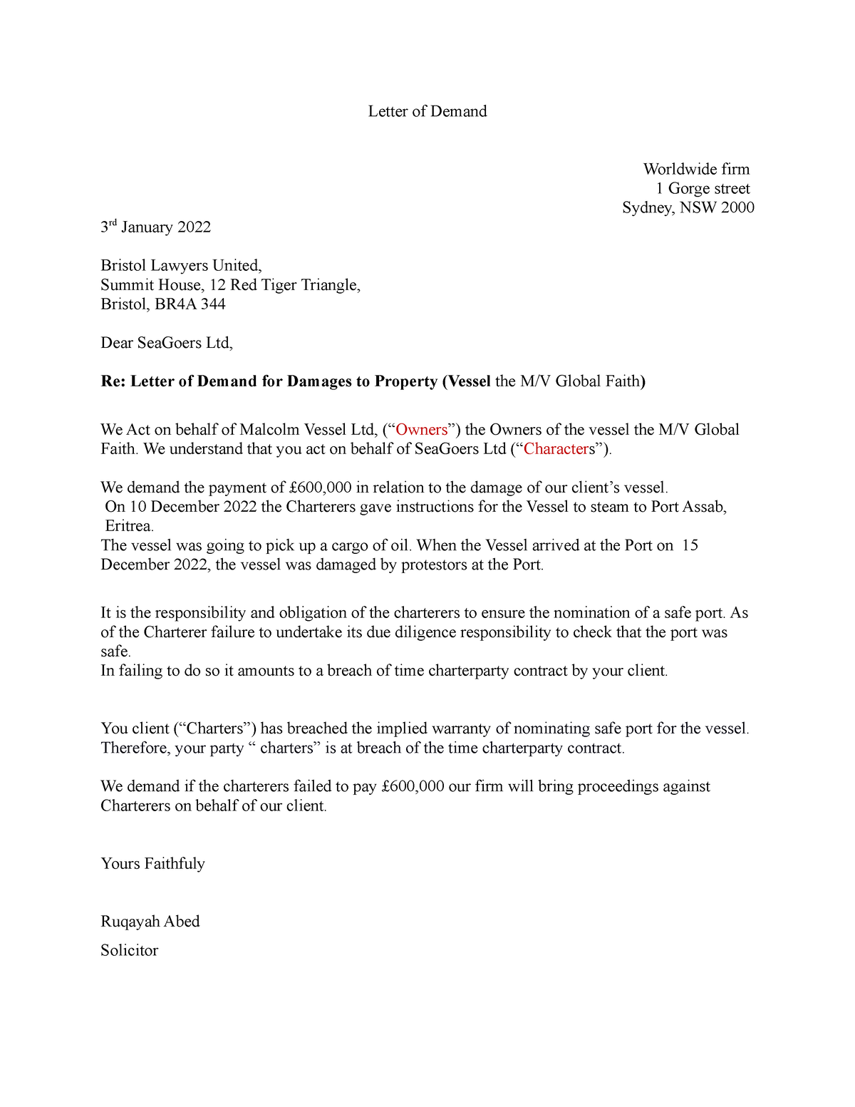 Letter of Demand for damaged Vessel template - Letter of Demand ...