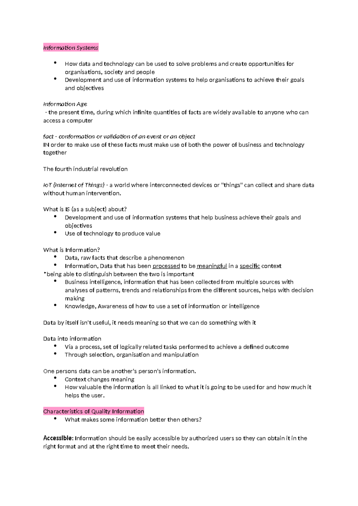 Information Systems Week 1 notes - Information Systems How data and ...