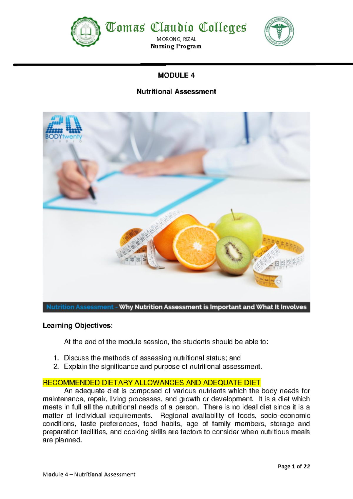 Module 4 Nutritional Assessment 2023 2024 - Page 1 of 22 Tomas Claudio ...