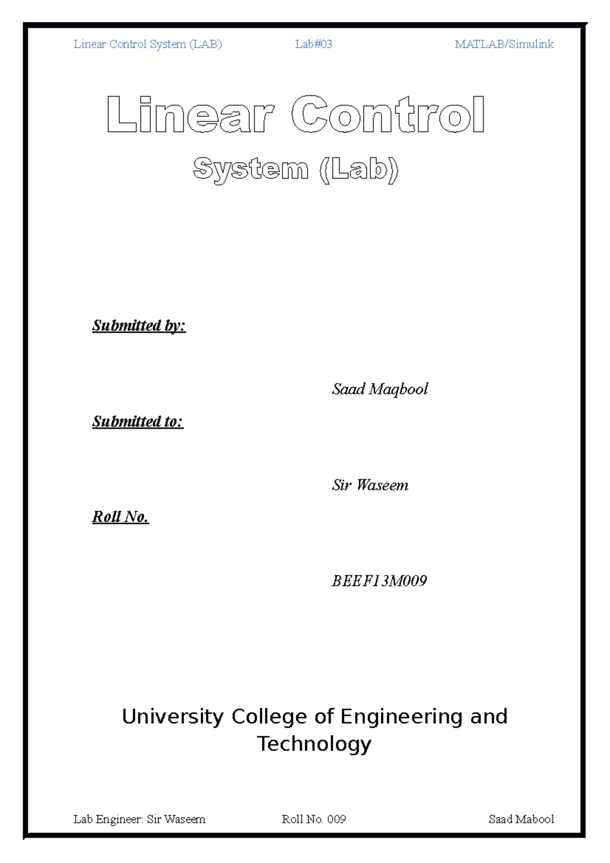 Linear control system Lab Experiment 03 - SU - Studocu