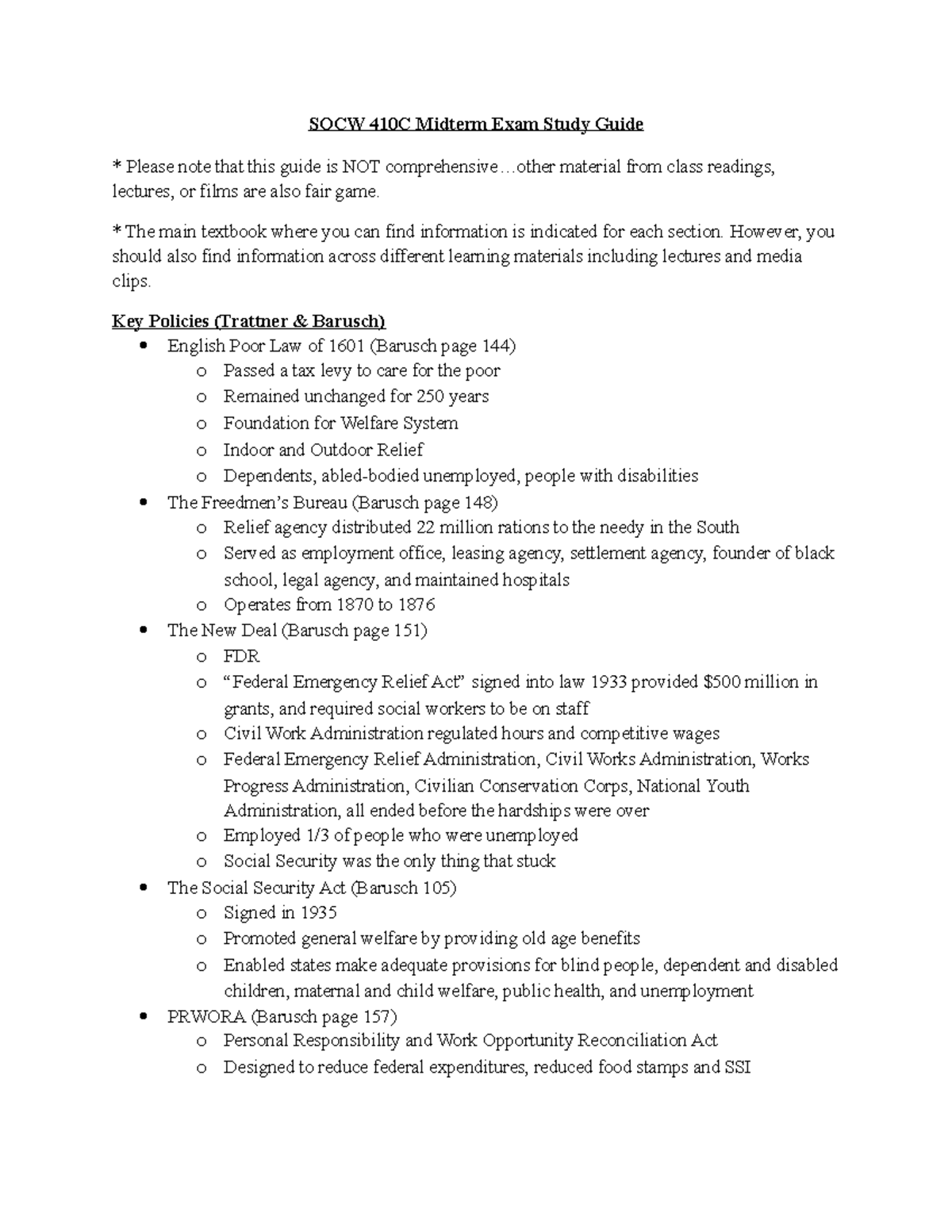 410 Exam Study Guide - SOCW 410C Midterm Exam Study Guide Please note ...