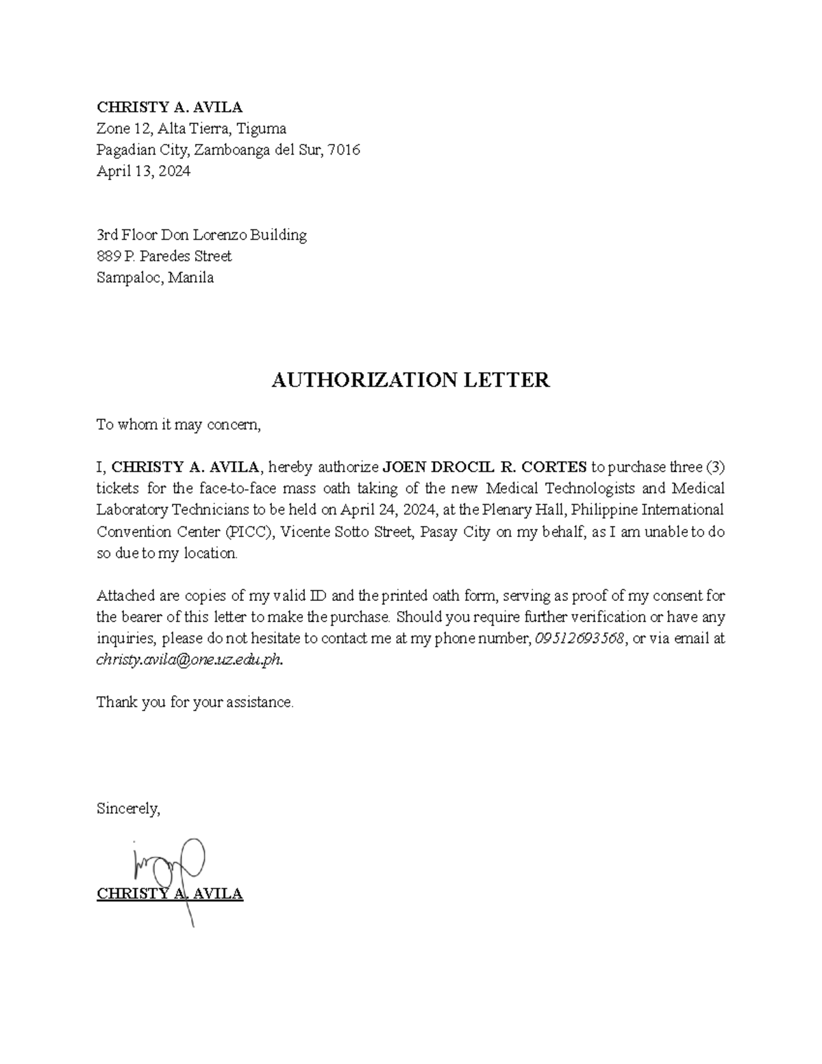 Authorization Letter - nope nope nope - CHRISTY A. AVILA Zone 12, Alta ...