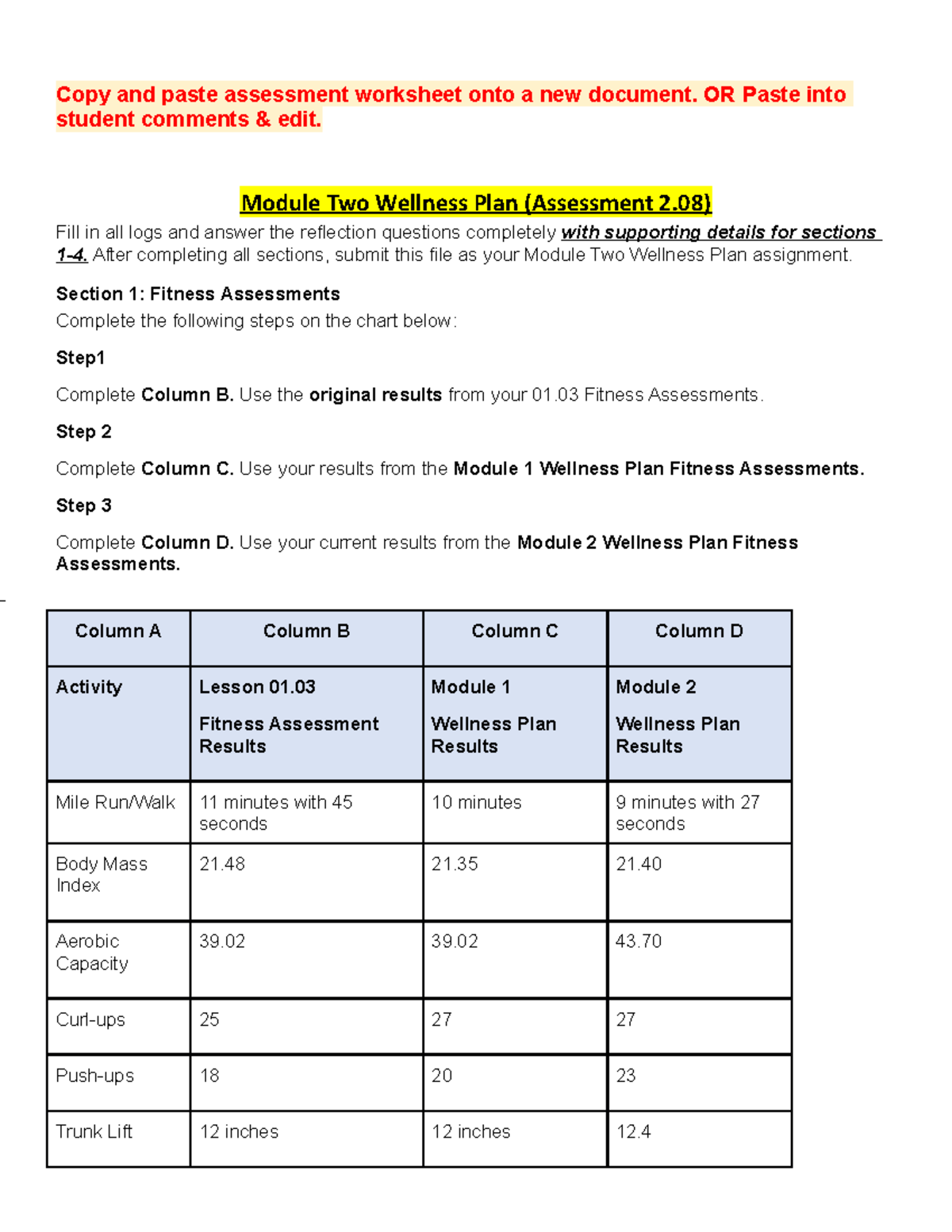 personal fitness plan assignment answers