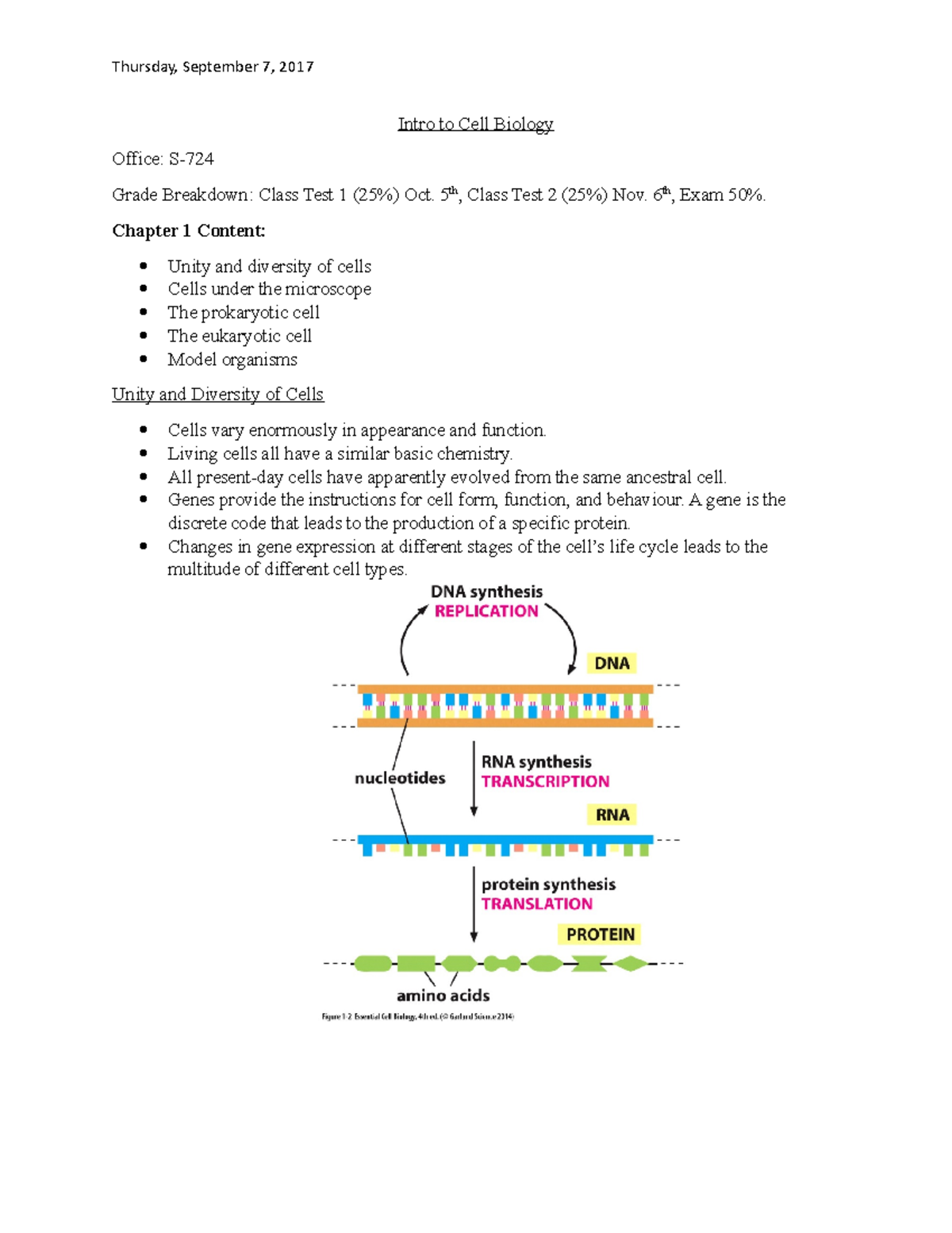 Sept. 7th - Intro Lecture - Intro to Cell Biology Office: S- Grade ...