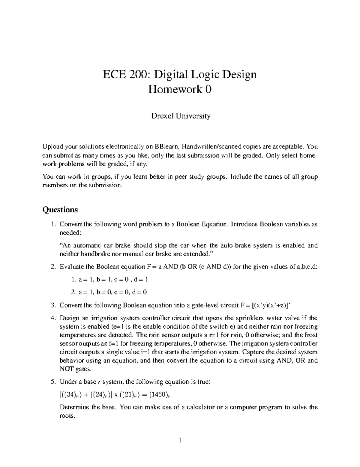 ECE200 HW#0 Q'S - Digital Logic Design HW#0 Problems - ECE 200: Digital ...