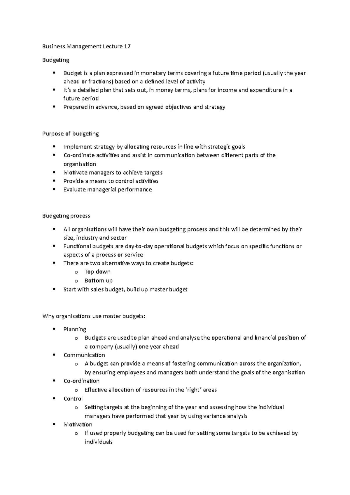 Lecture 17 - Business Management Lecture 17 Budgeting Budget is a plan ...