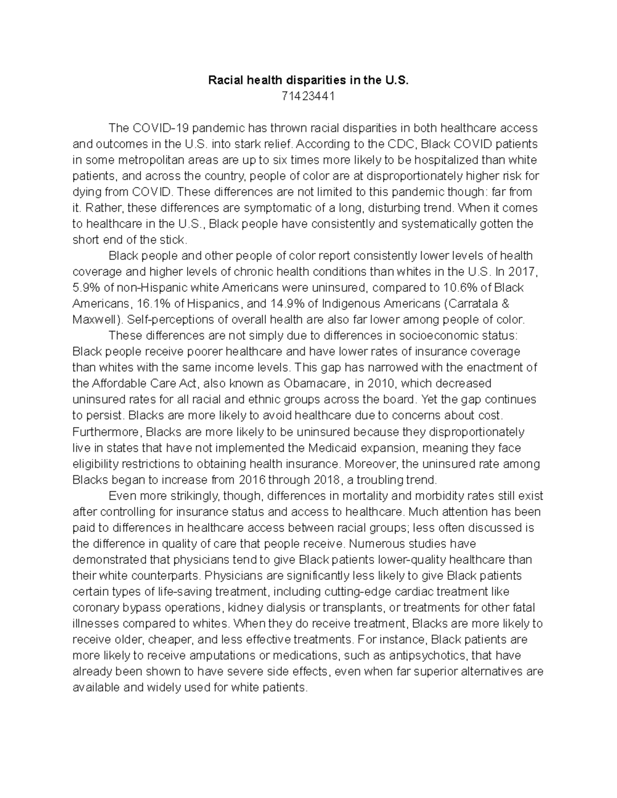 Assignment 5 Social Inequality - Racial health disparities in the U ...