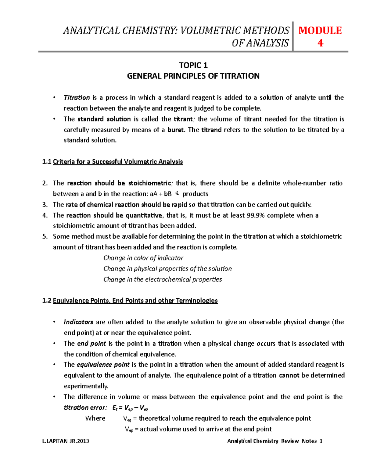 Analyticalchemistrynotestitrations TOPIC 1 GENERAL PRINCIPLES OF