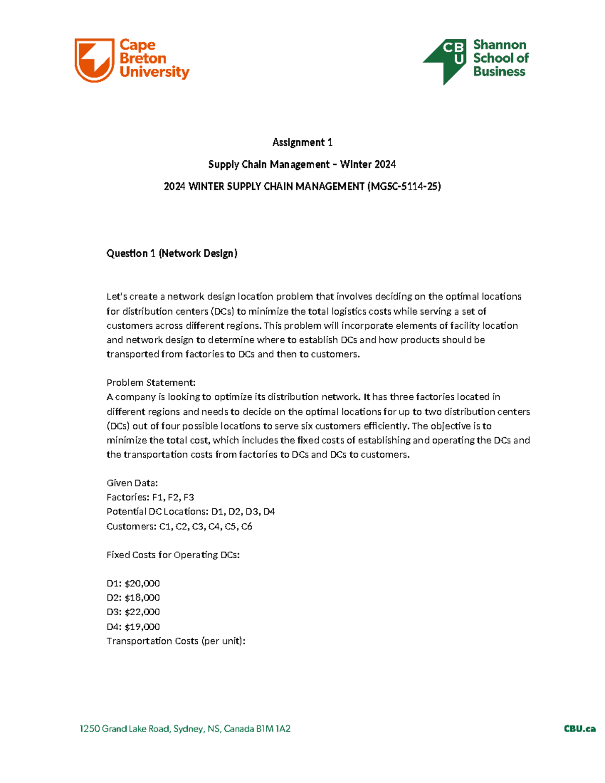 Assignment 1 section 25 - Assignment 1 Supply Chain Management – Winter ...