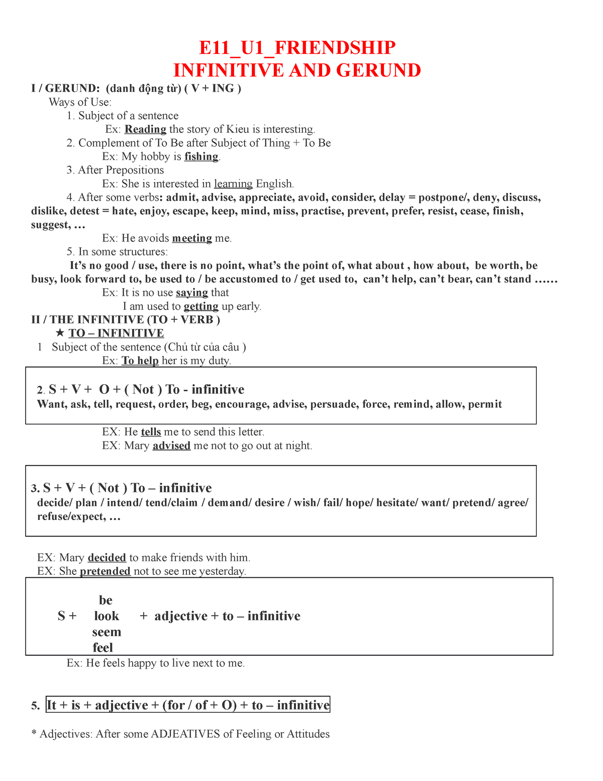 Infinitives - E11_U1_FRIENDSHIP INFINITIVE AND GERUND I / GERUND: (danh ...