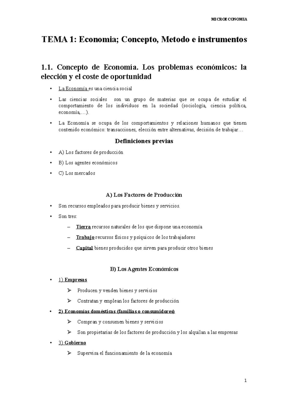 Micro Apuntes T1 - TEMA 1: Economia; Concepto, Metodo E Instrumentos 1 ...