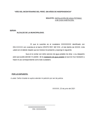 Modelo de solicitud para agua potabala a domicilio - “AÑO DEL BICENTENARIO  DEL PERÚ: 200 AÑOS DE - Studocu