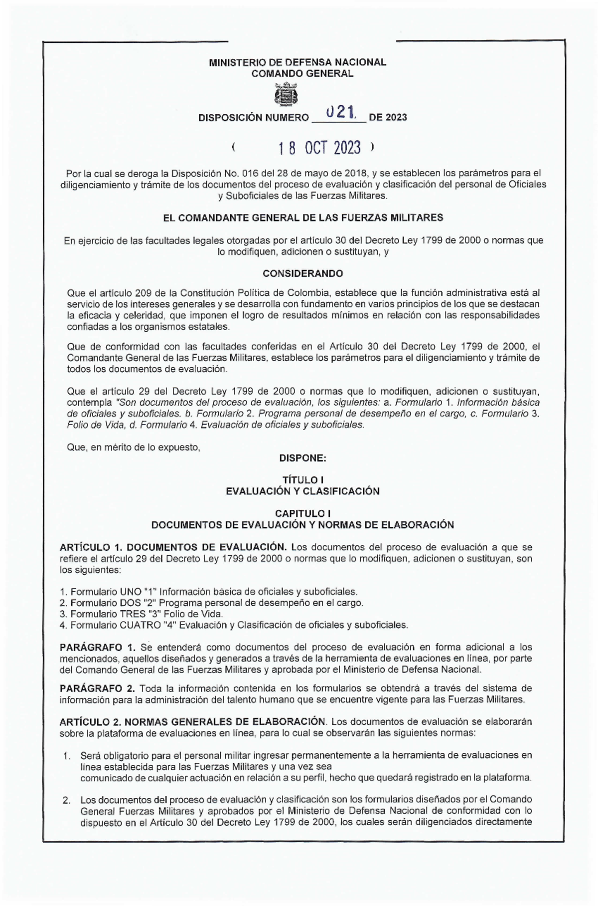 Disposicion 021 - direct 021 - MINISTERIO DE DEFENSA NACIONAL COMANDO ...