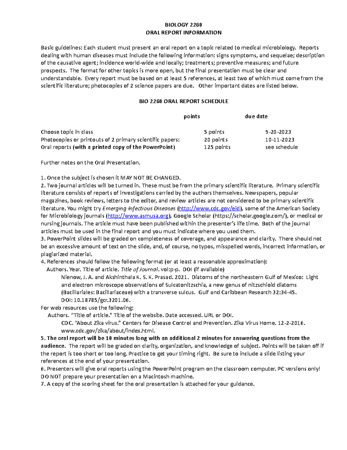 Biology 2260 Oral Presentation Topics & Guidelines BIOLOGY 2260