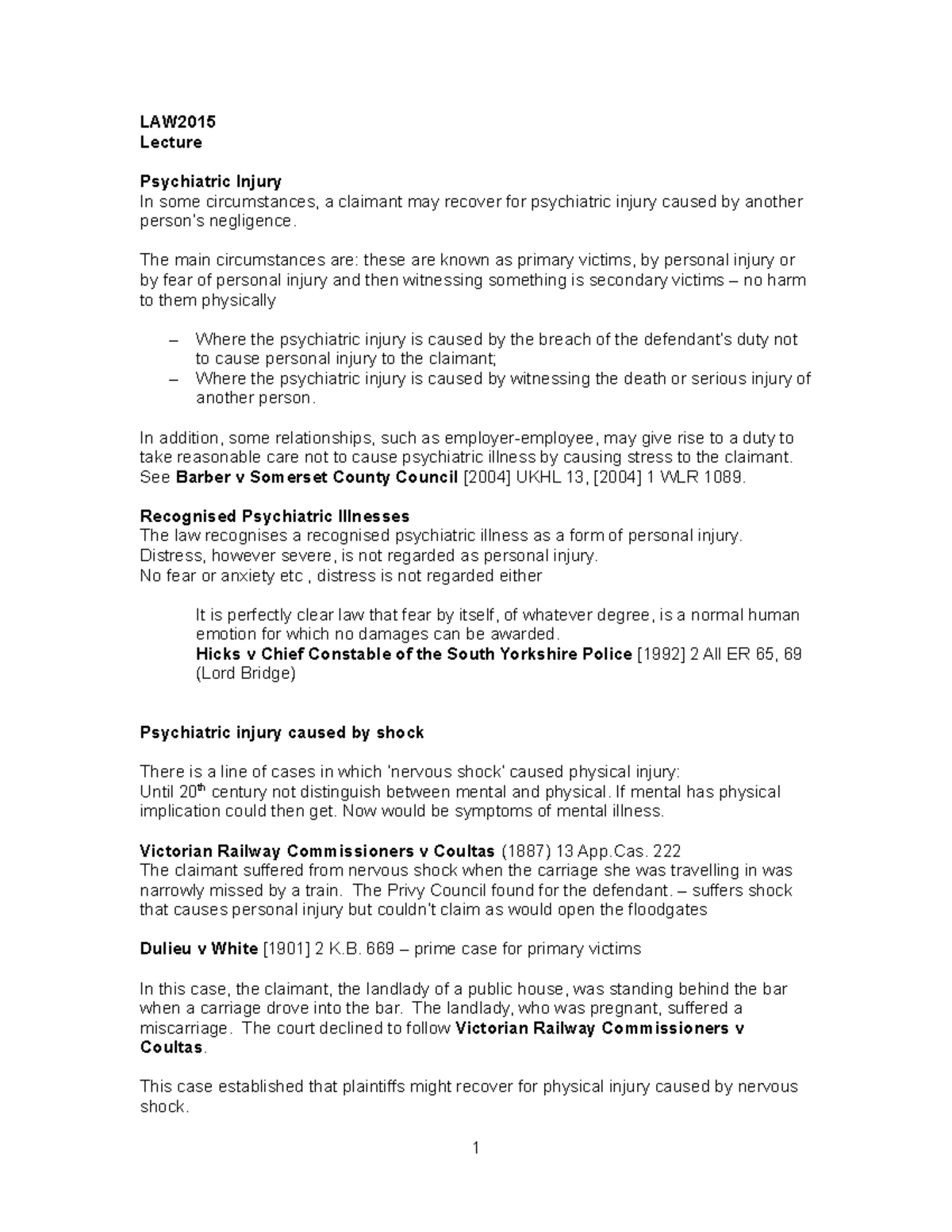 Lecture 19 Psychiatric Injury LAW Lecture Psychiatric Injury In