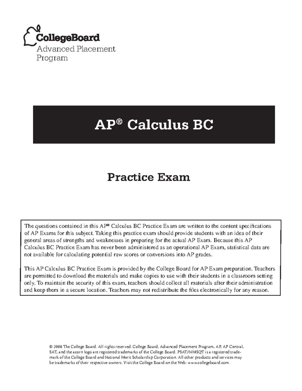 2008 AP Calculus BC Practice Exam MCQ Multiple Choice Questions with ...