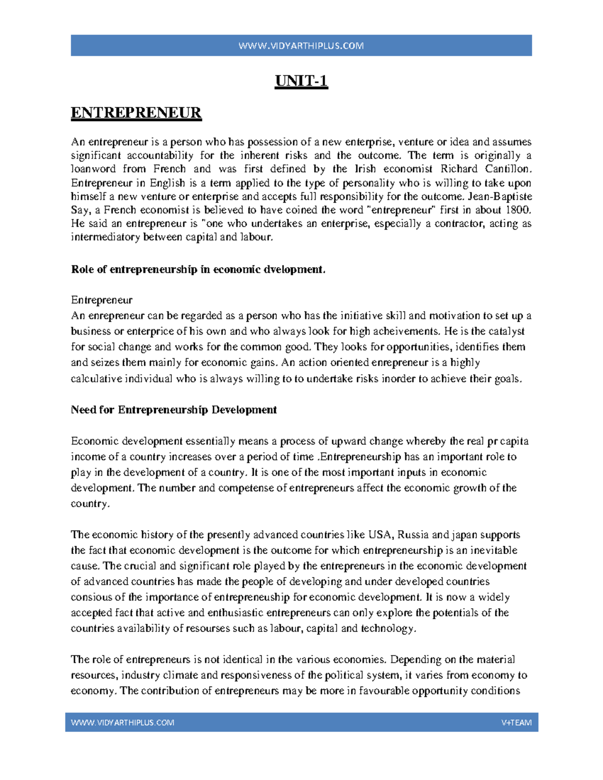 Ed Unit 1 - ED Paper unit 1 - UNIT- ENTREPRENEUR An entrepreneur is a ...