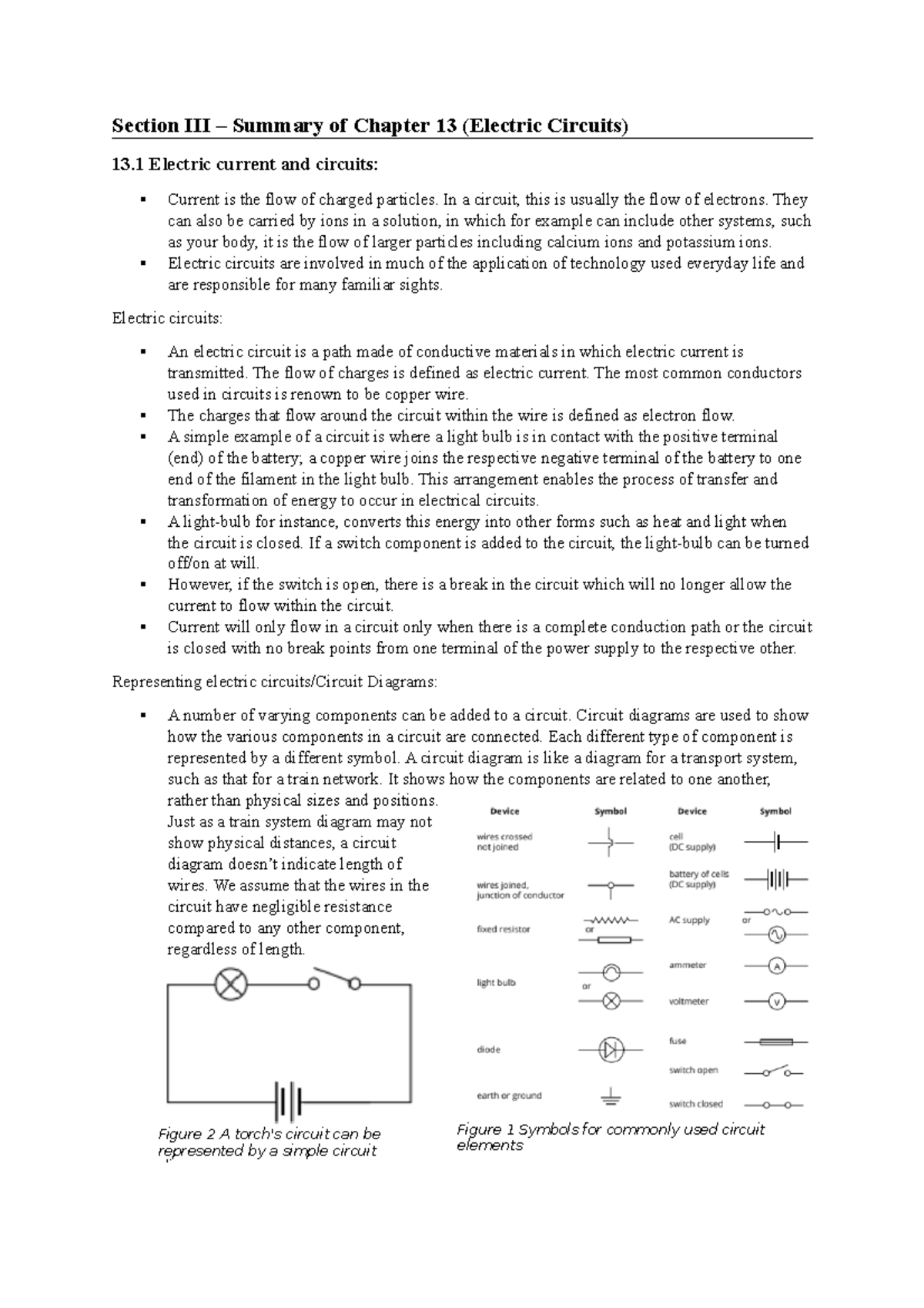 Section III Chapter 13 Summary (Electric Circuits) - Section III ...