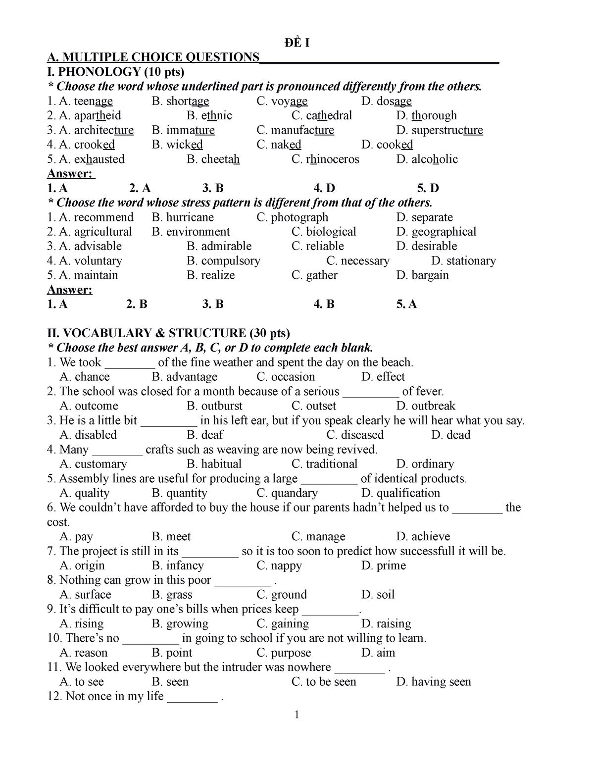 ĐỀ I - ĐỀ I A. MULTIPLE CHOICE QUESTIONS ...