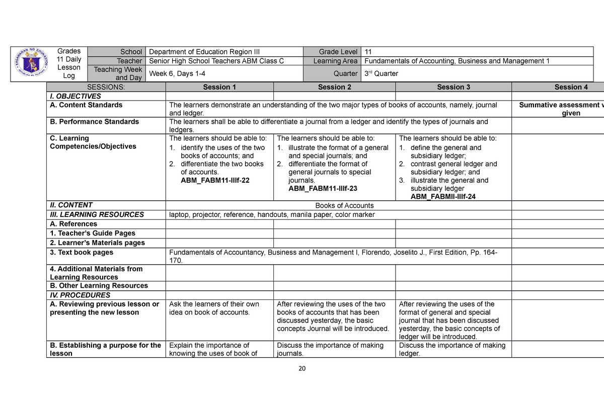 3rd Q-Week-6-ABM FABM11-IIIf-22-24 - Grades 11 Daily Lesson Log School ...