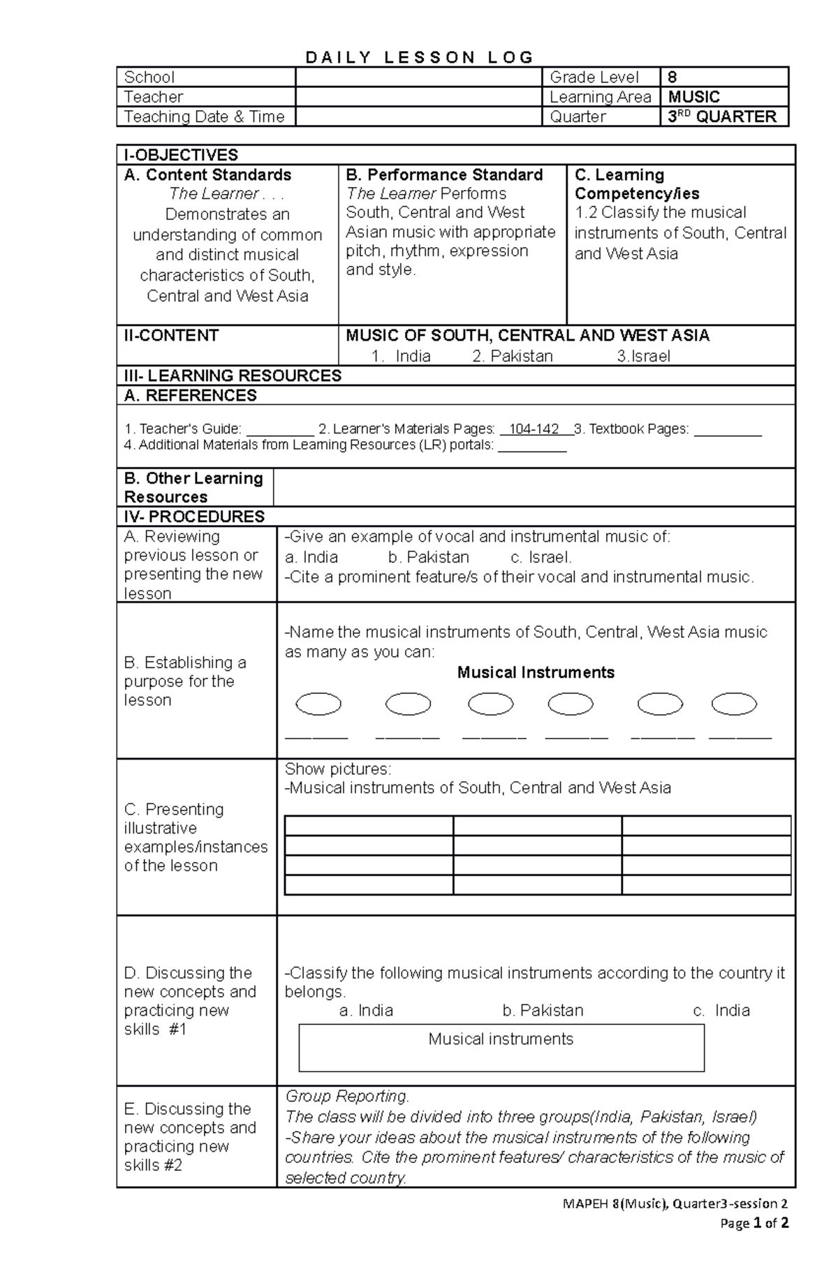 2 - lesson plan - D A I L Y L E S S O N L O G School Grade Level 8 ...