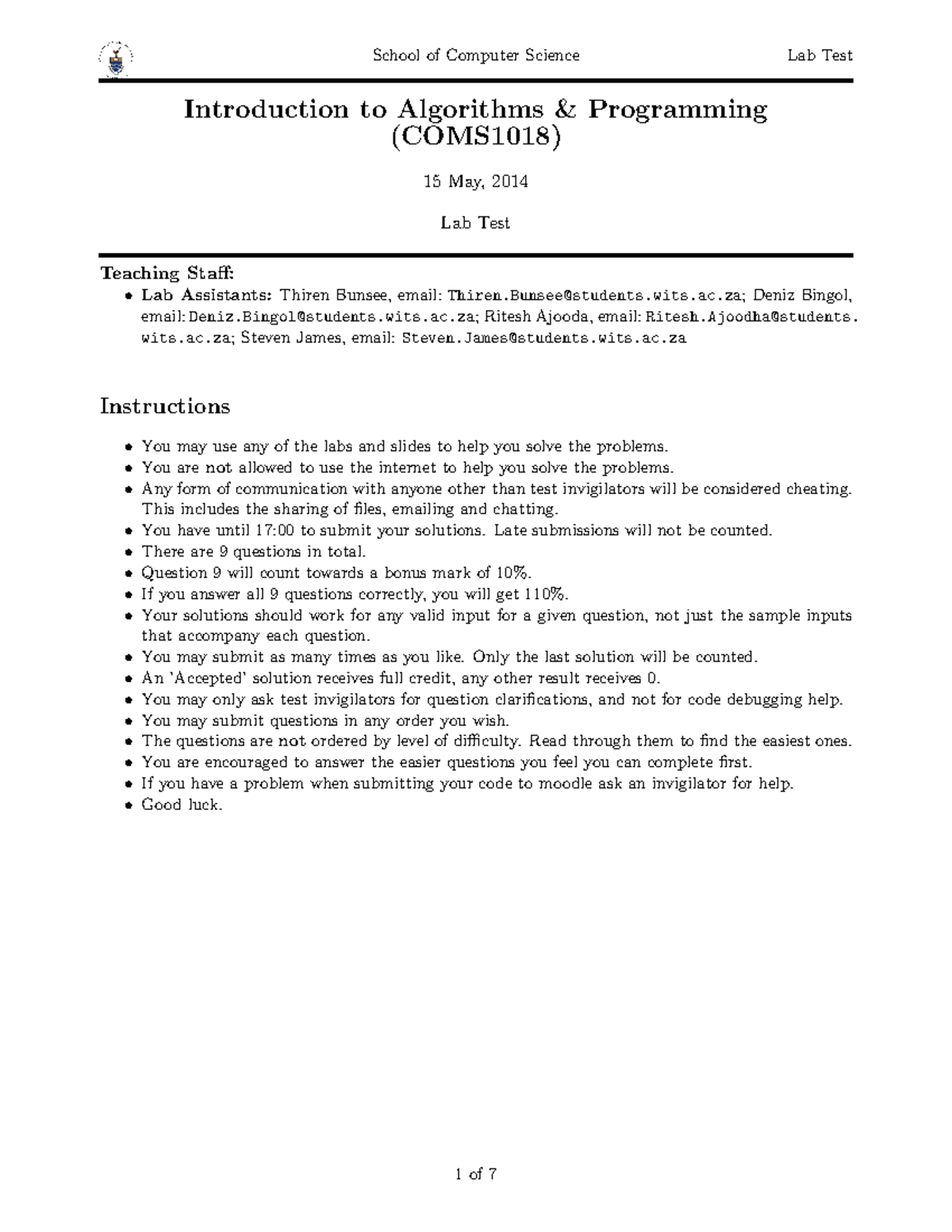Lab test - 2014 lab test 1 - School of Computer Science Lab Test ...