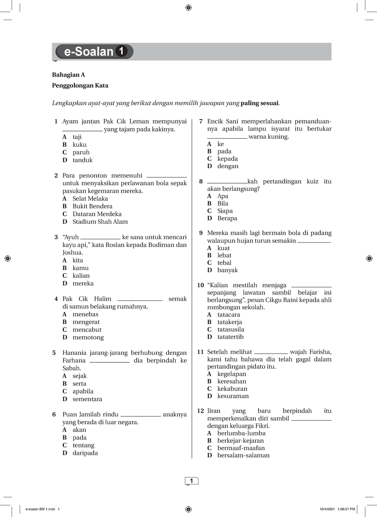 E-soalan BM 1 - 1 Bahagian A Penggolongan Kata Lengkapkan Ayat-ayat ...