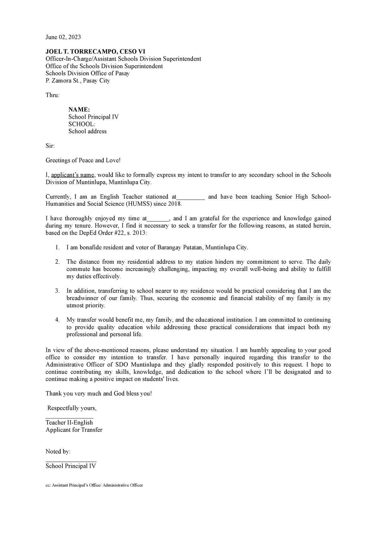 Letter of Intent - June 02, 2023 JOEL T. TORRECAMPO, CESO VI Officer-In ...