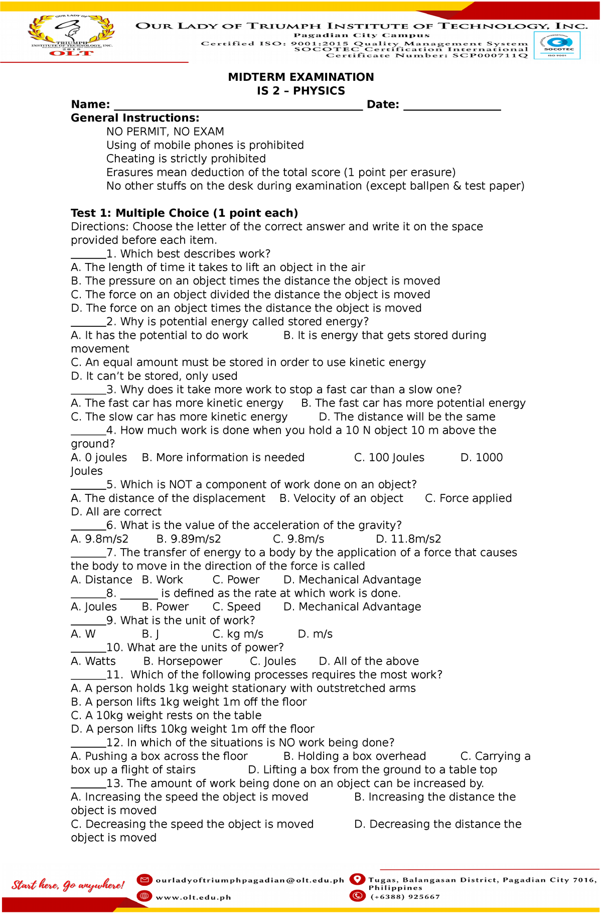 Midterm EXAM ( Physics) - MIDTERM EXAMINATION IS 2 – PHYSICS Name ...