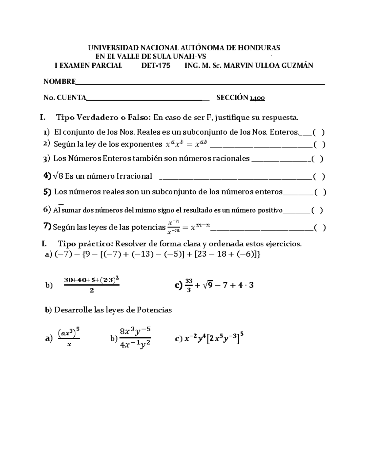 Examen I Parcial Métodos I 1400 I Pac 2022 Universidad Nacional Aut”noma De Honduras En El 2893