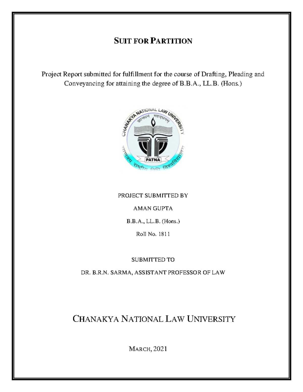 Drafting, Pleading AND Conveyancing SUIT FOR PARTITION Project Report