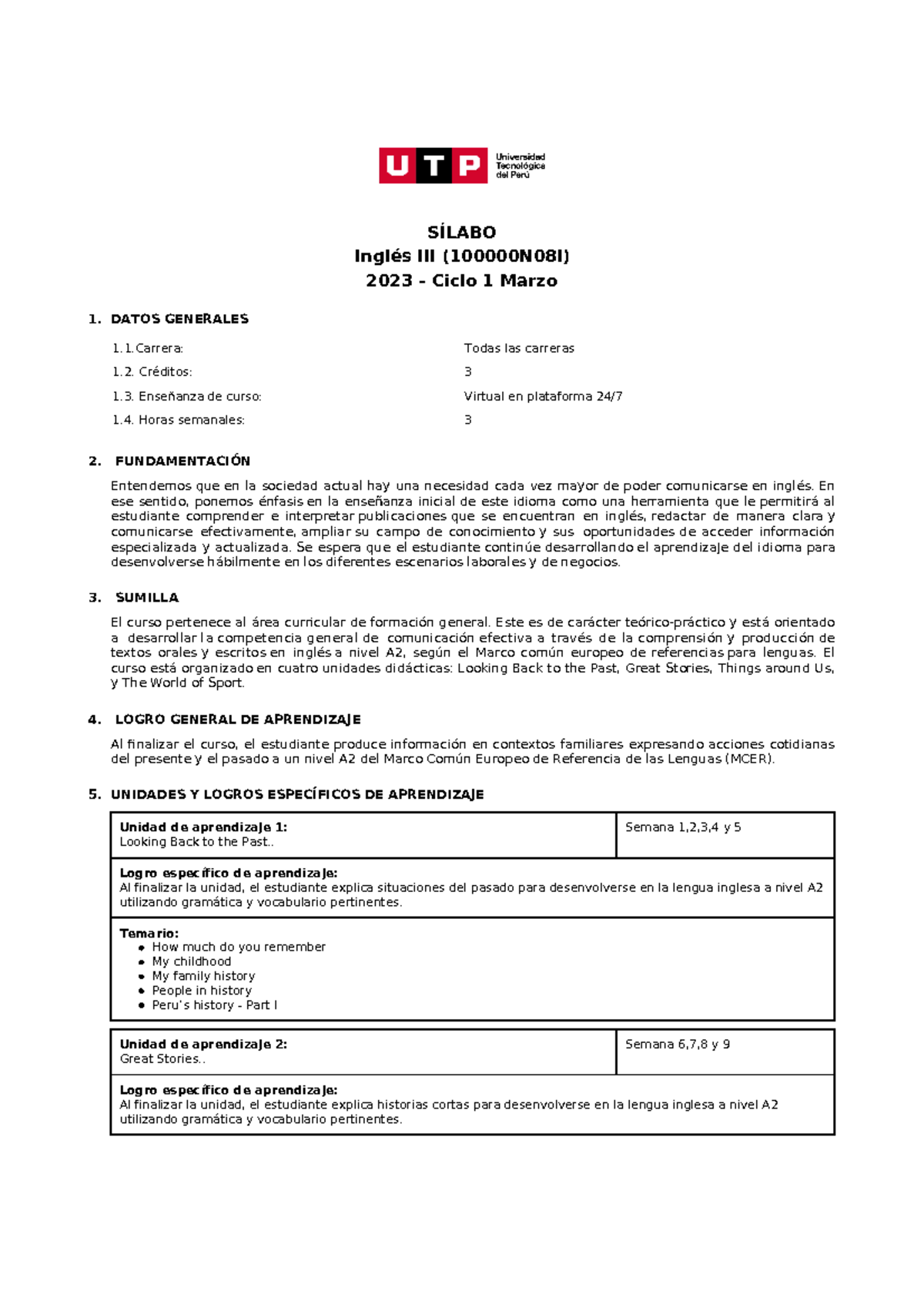 Ingles Ill SILABO SÍLABO Inglés III (100000N08I) 2023 Ciclo 1