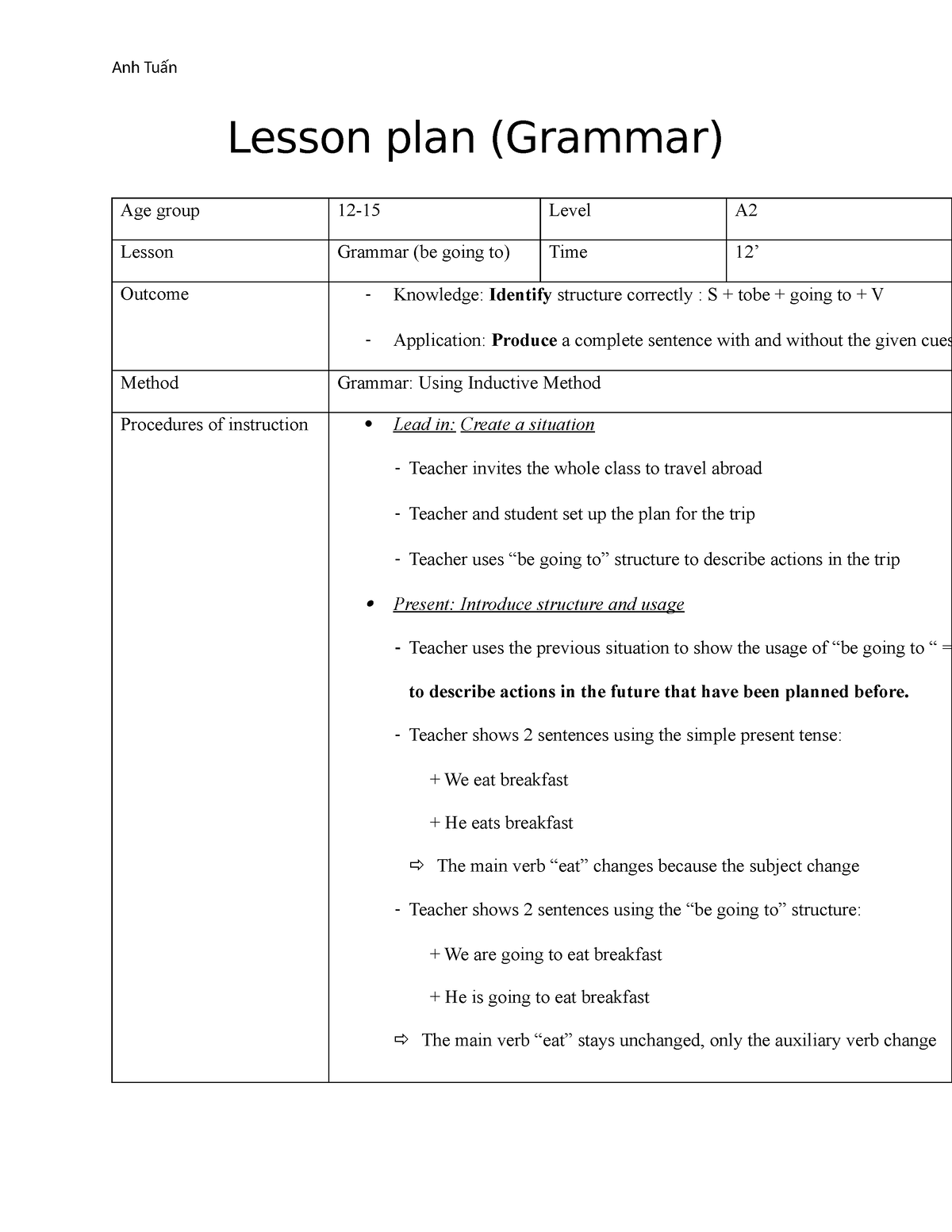 Lesson plan (grammar) - ôn tập - Anh Tuấn Lesson plan (Grammar) Age ...