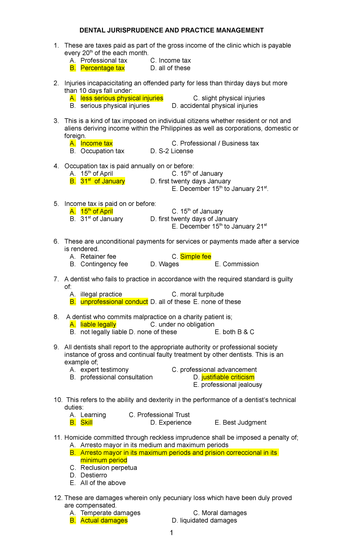 Exam 16 January 2017 - DENTAL JURISPRUDENCE AND PRACTICE MANAGEMENT 1 ...