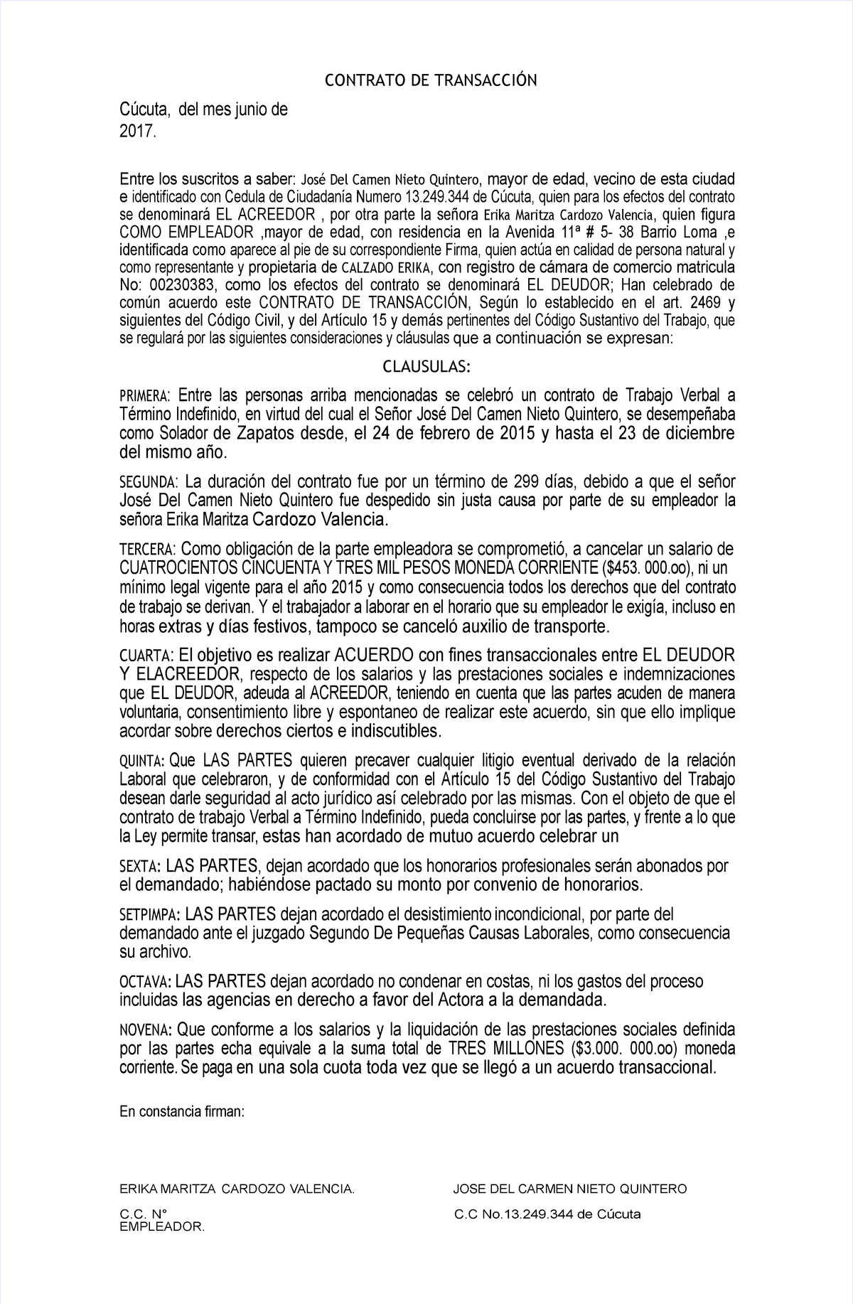 Pdf contrato de transaccion laboral - Cúcuta, del mes junio de CONTRATO DE  TRANSACCIÓN Entre los - Studocu