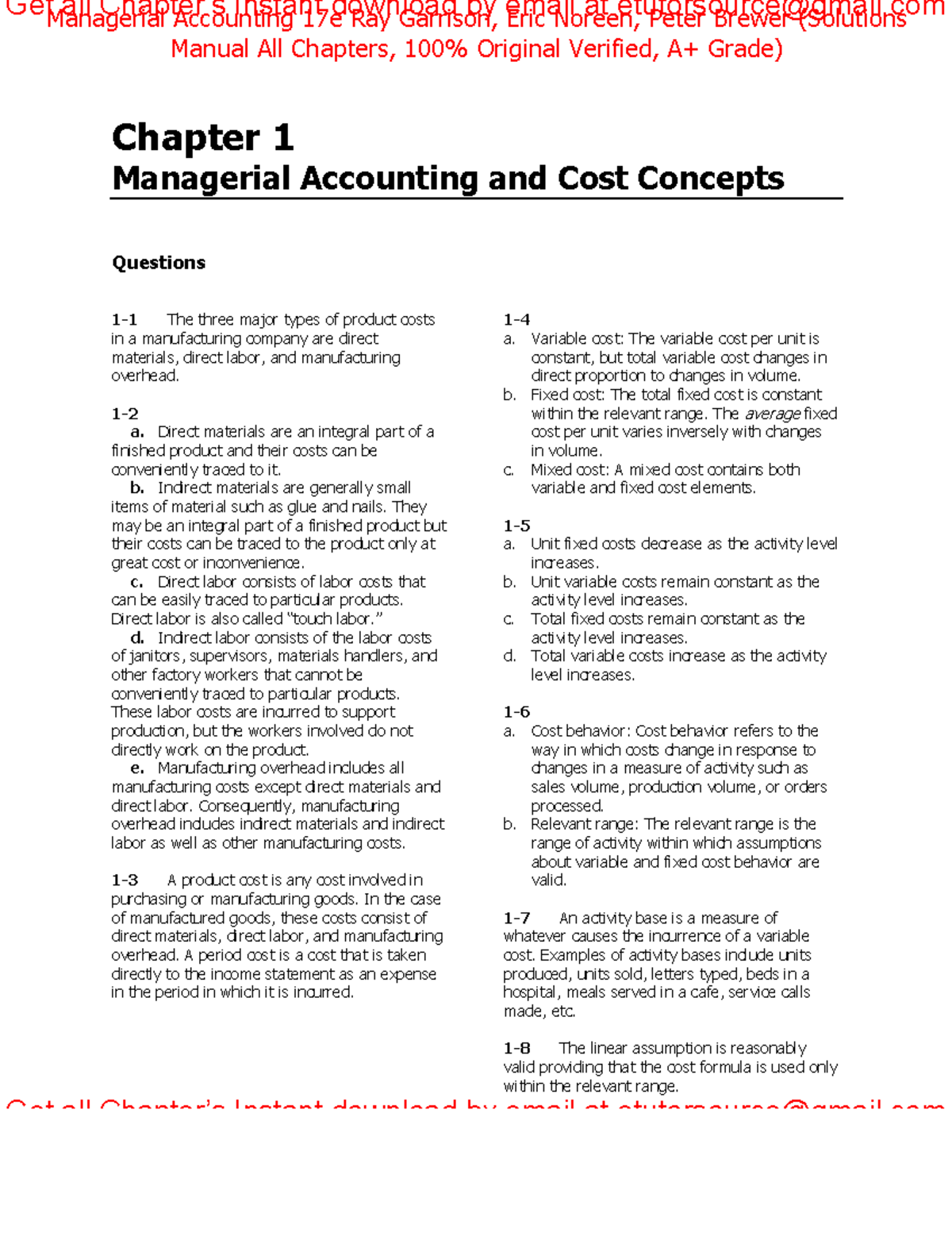 Solutions Manual For Managerial Accounting, 17e Ray Garrison, Eric ...