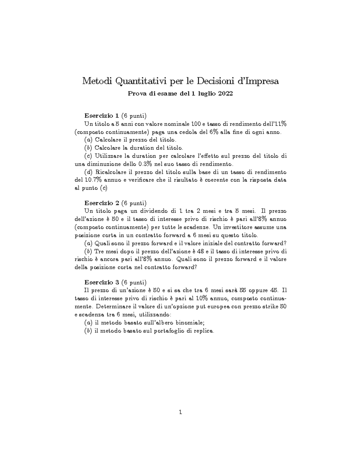 Prove Esame Metodi - Metodi Quantitativi per le Decisioni díImpresa ...