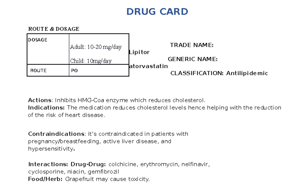 Furusomede - NURSING - DRUG CARD ROUTE & DOSAGE TRADE NAME: Lipitor ...