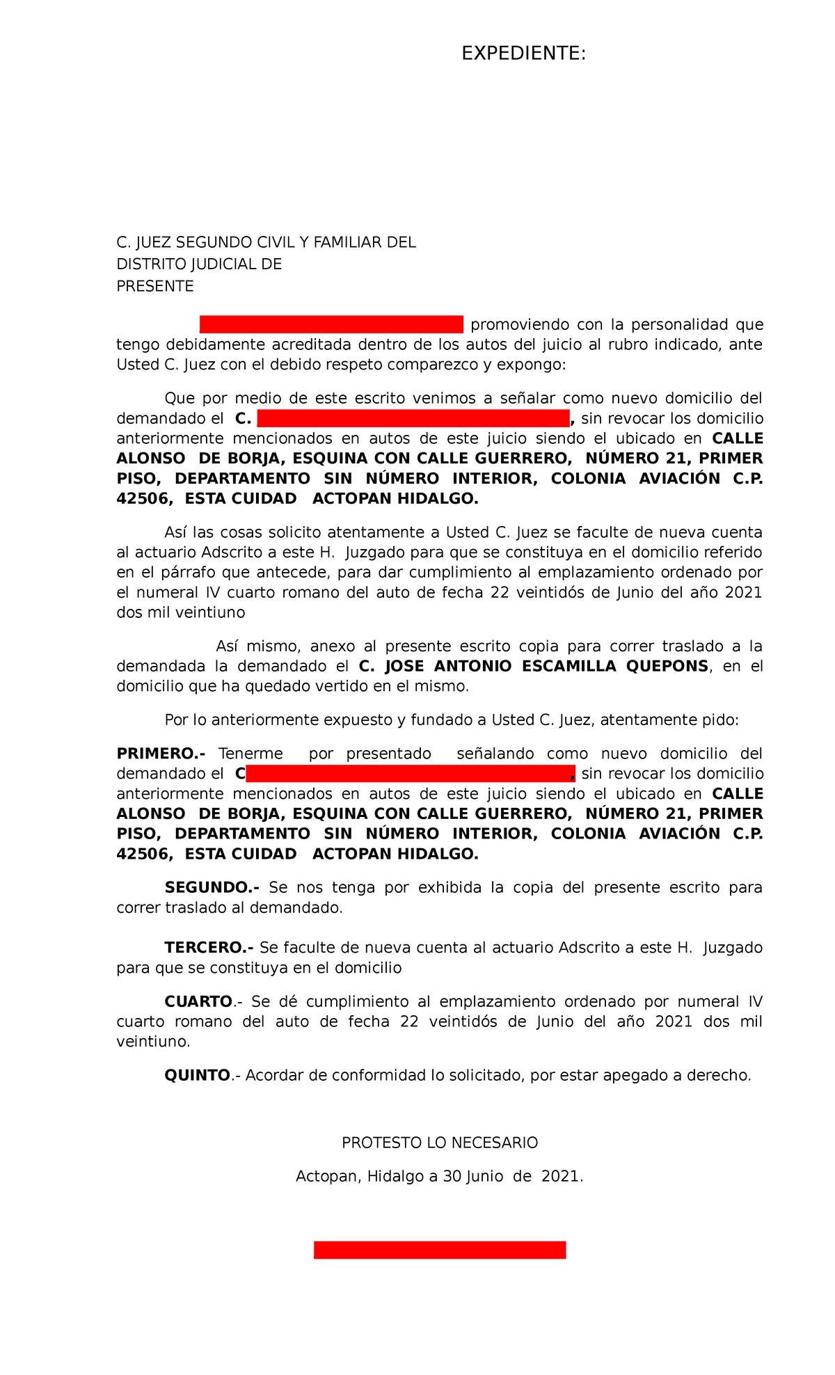 Escrito para cambio de domicilio - C. JUEZ SEGUNDO CIVIL Y FAMILIAR DEL  DISTRITO JUDICIAL DE - Studocu