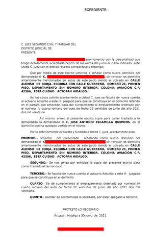 Escrito para cambio de domicilio - C. JUEZ SEGUNDO CIVIL Y FAMILIAR DEL  DISTRITO JUDICIAL DE - Studocu