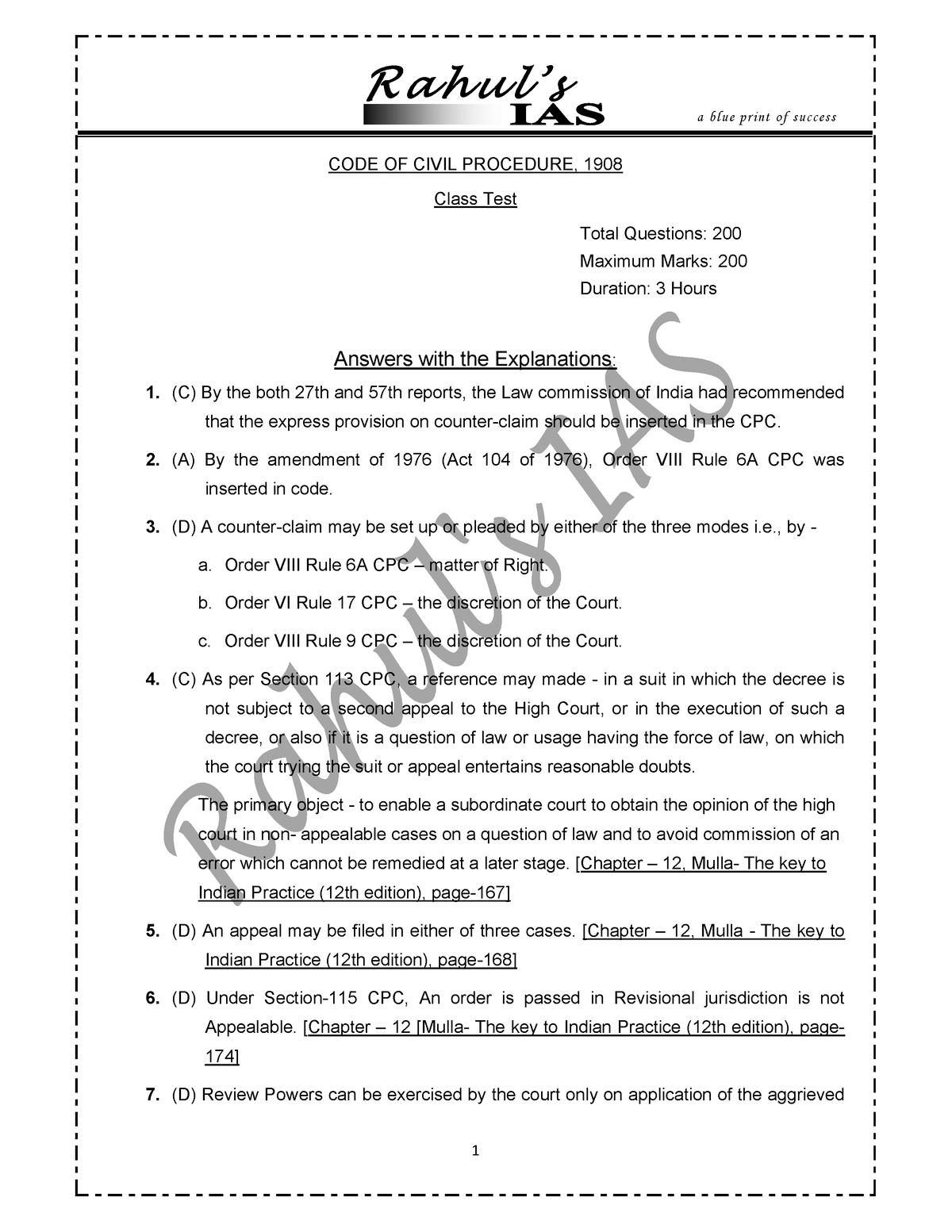 CPC Answer Sheet CODE OF CIVIL PROCEDURE 1908 Class Test Total   Thumb 1200 1553 