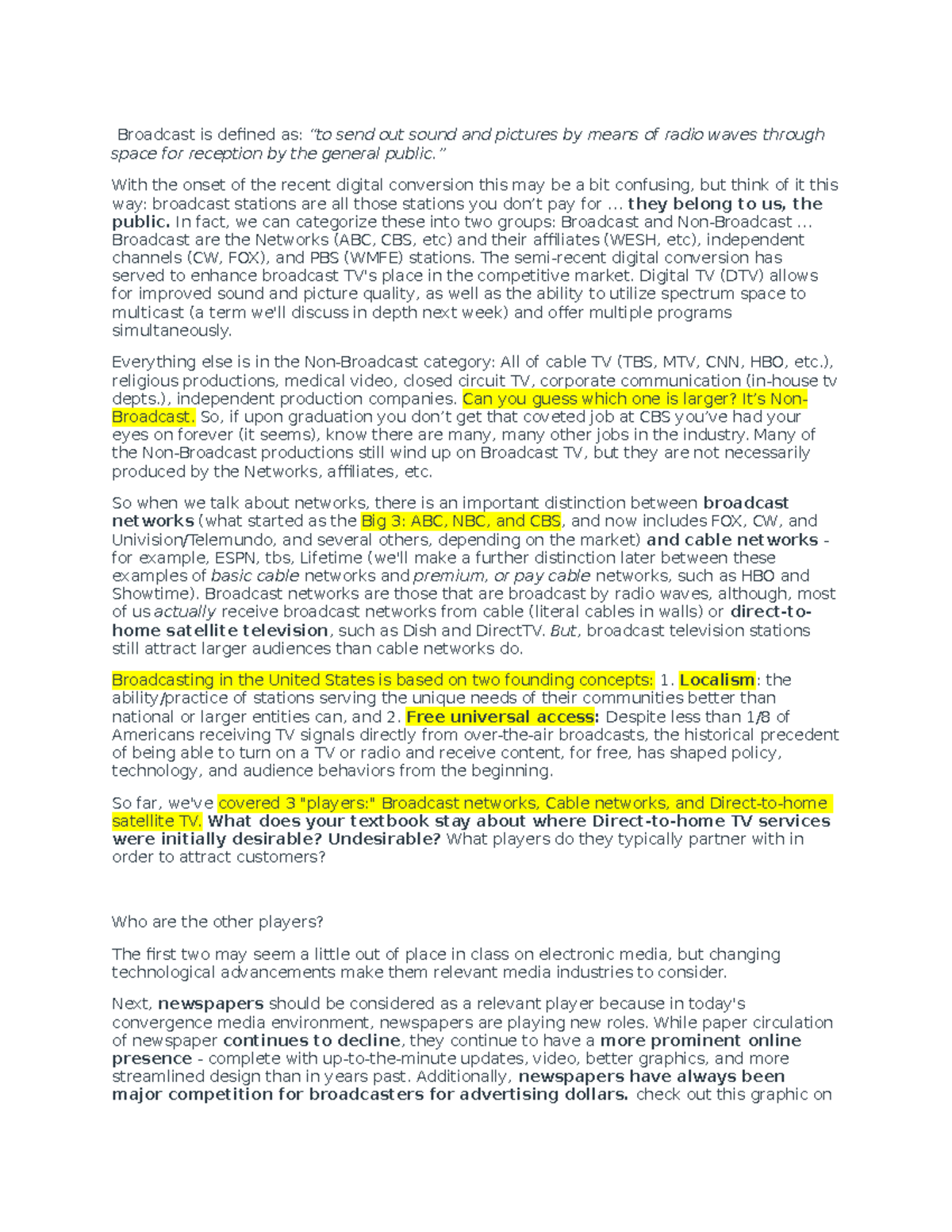RTV final notes - Broadcast is defined as: “to send out sound and ...