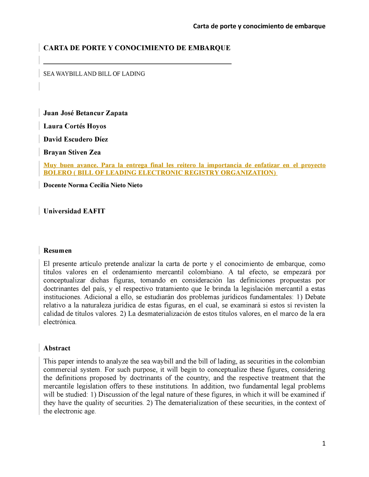 Carta De Porte Y Conocimiento De Embarque Paper Titulos Valores Carta