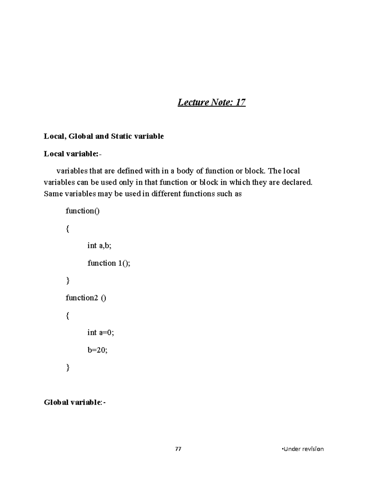 Local global static Variable And Storage Class 8 Lecture Note 17