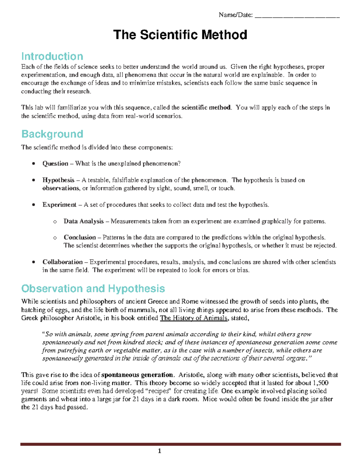 Scientific Method and Spontaneous Generation - Name/Date ...