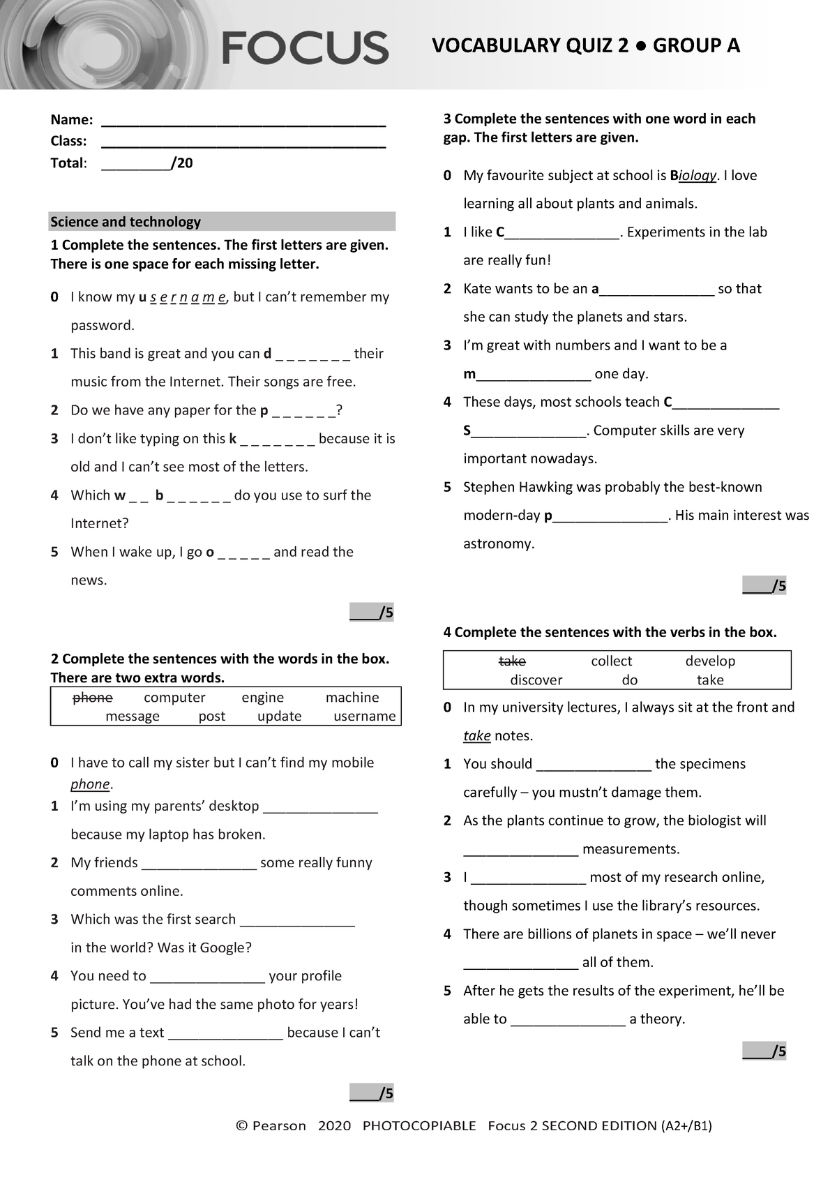 Focus 2 2E Vocabulary Quiz Unit2 Group A - © Pearson 2020 PHOTOCOPIABLE ...