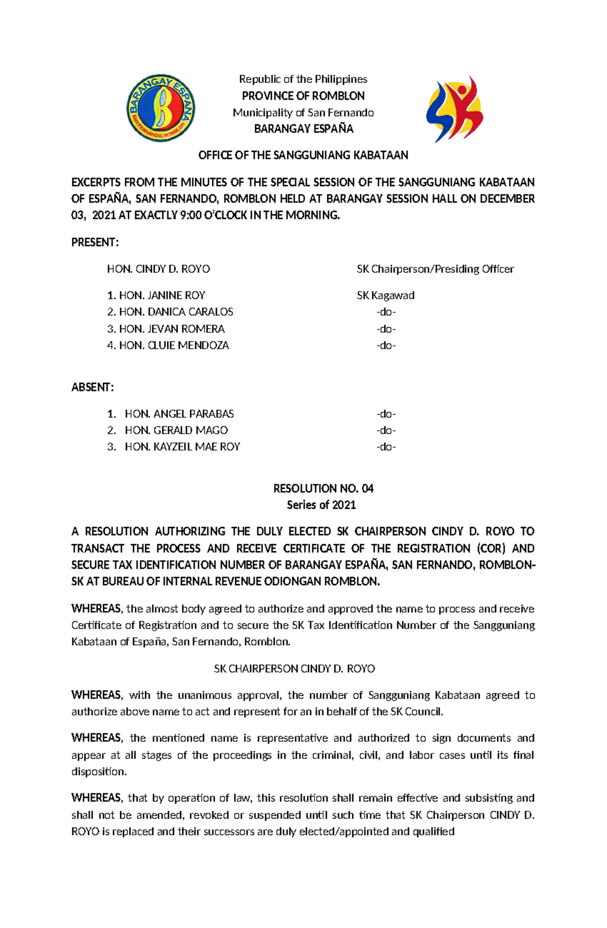 BIR reso - Resolution - Republic of the Philippines PROVINCE OF ROMBLON ...