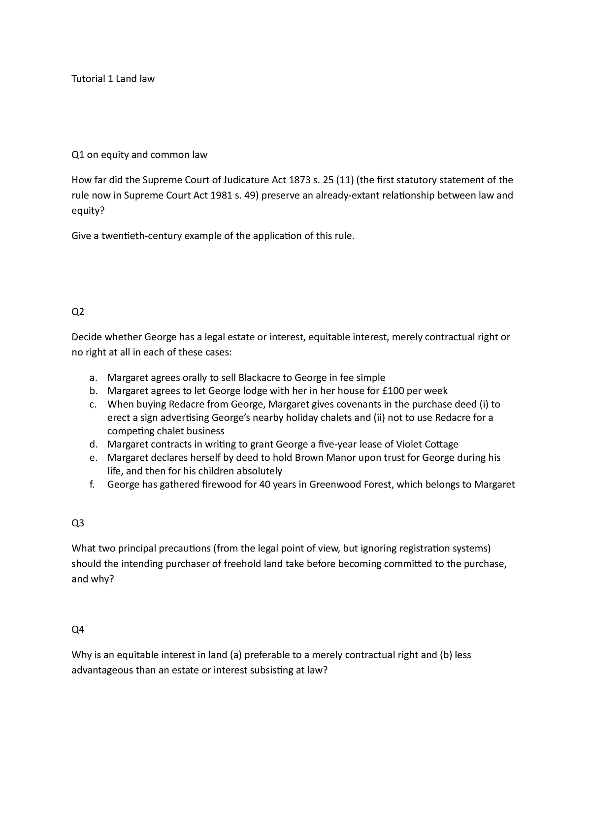 Land law tutorial 1 - land law practice questions - Tutorial 1 Land law ...